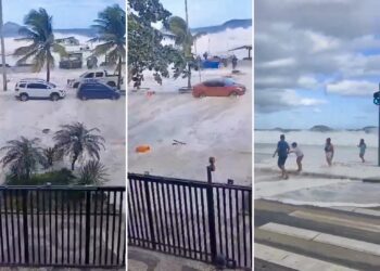 Ressaca histórica atinge o Rio: mar invade ruas e arrasta carros