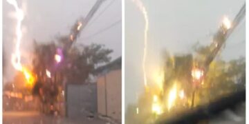Motorista registra queda de raio perto do carro durante temporal em São Gonçalo. Chuva causou alagamentos e transtornos no trânsito